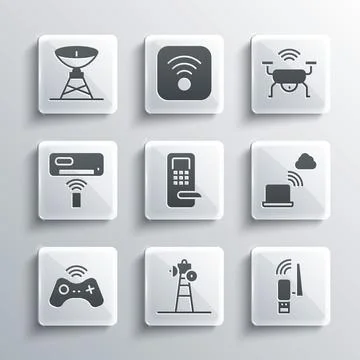 Set Satellite dish, Usb wireless adapter, Network cloud connection, Digital door Illustrazione stock