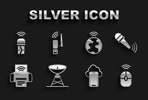 Set Satellite dish, Wireless microphone, computer mouse, Cloud technology data Stock Illustration