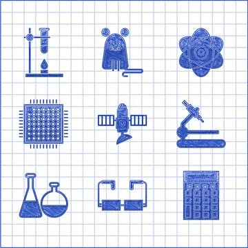Set Satellite, Glasses, Calculator, Microscope, Test tube and flask chemical 스톡 일러스트