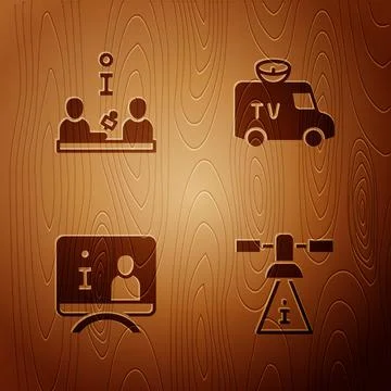 Set Satellite, Interview, Television report and TV News car on wooden background Stock Illustration
