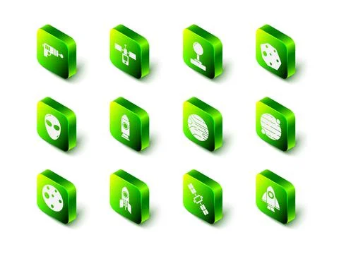 Set Satellite, Joystick, Asteroid, Planet, Rocket ship, and icon. Vector Illustrazione stock