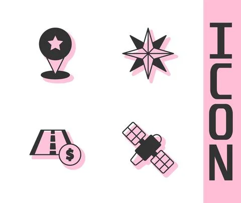 Set Satellite, Map pointer with star, Toll road traffic sign and Wind rose icon Stock Illustration