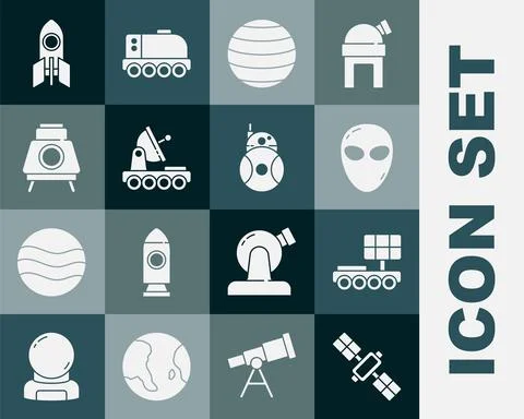 Set Satellite, Mars rover, Alien, Planet Venus, Rocket ship and Robot icon Stock Illustration