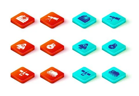 Set Satellite, Mars rover, Rocket ship, Robot, Telescope and Astronomical Stock Illustration