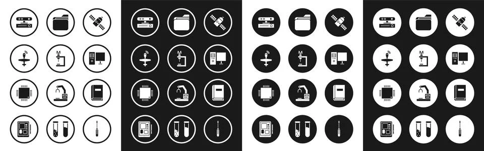 Set Satellite, Microscope, UAV Drone, Motion sensor, Computer monitor, Document Illustrazione stock