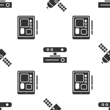 Set Satellite, Motion sensor and Graphic tablet on seamless pattern. Vector Stock Illustration