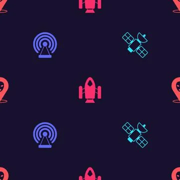 Set Satellite, Radar, Rocket ship and Alien on seamless pattern. Vector イラスト素材
