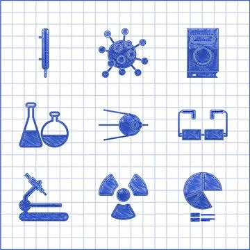 Set Satellite, Radioactive, Pie chart infographic, Glasses, Microscope, Test Illustrazione stock