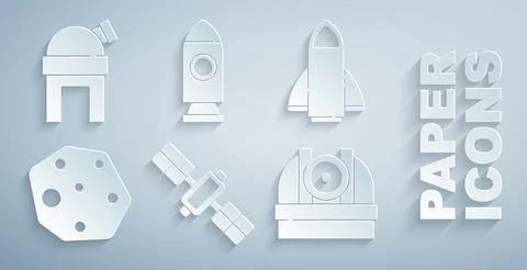 Set Satellite, Rocket ship, Asteroid, Astronomical observatory,  and  icon... Stock Illustration