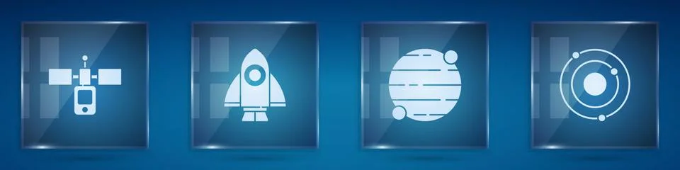 Set Satellite, Rocket ship, Planet and Solar system. Square glass panels. Vector イラスト素材
