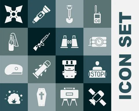 Set Satellite, Stop war, Dynamite and timer clock, Sapper shovel, Sniper rifle Illustrazione stock