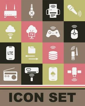 Set Satellite, Usb wireless adapter, Wireless computer mouse, Smart printer Stock Illustration