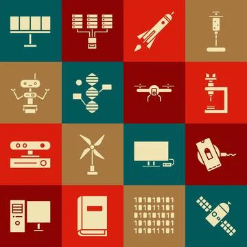 Set Satellite, Wireless charger, Microscope, Rocket ship with fire, DNA symbol Illustrazione stock