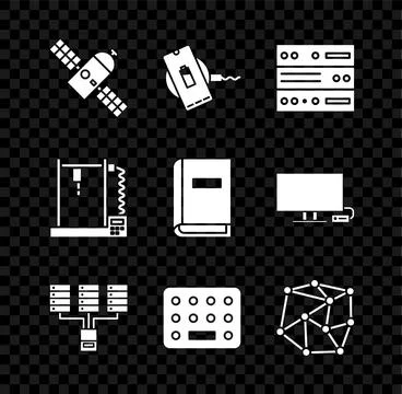 Set Satellite, Wireless charger, Server, Data, Web Hosting, Pills blister p.. Stock Illustration