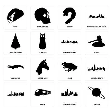 Set of saturn, state texas, , frog, alligator, christmas tree, shrimp, taco i Illustrazione stock gratuita