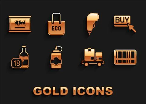 Set Sauce bottle, Buy button, Barcode, Hand truck and boxes, Wine, Scanner Stock Illustration