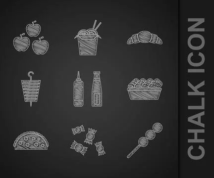 Set Sauce bottle, Candy, Meatballs on wooden stick, Chicken nuggets in box, Taco Stock Illustration