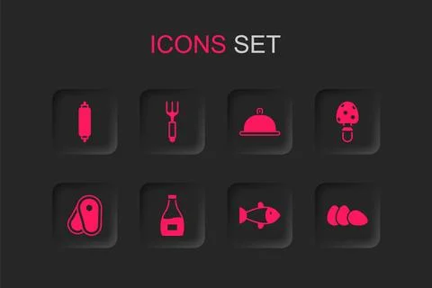 Set Sauce bottle, Fork, Rolling pin, Fish, Fly agaric mushroom, Chicken egg.. Stock Illustration