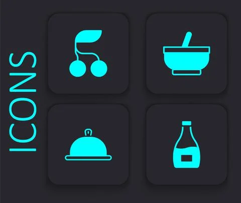 Set Sauce bottle, Fresh berries, Mortar and pestle and Covered with tray of food Stock Illustration