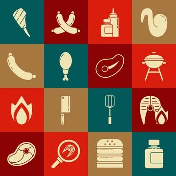 Set Sauce bottle, Grilled fish steak and fire flame, Barbecue grill, Chicke.. Stock Illustration