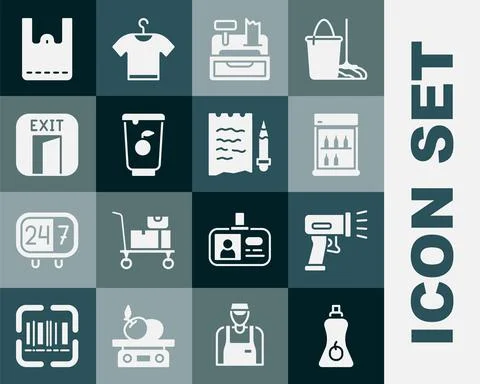 Set Sauce bottle, Scanner scanning bar code, Commercial refrigerator, Cash Stock-Illustration