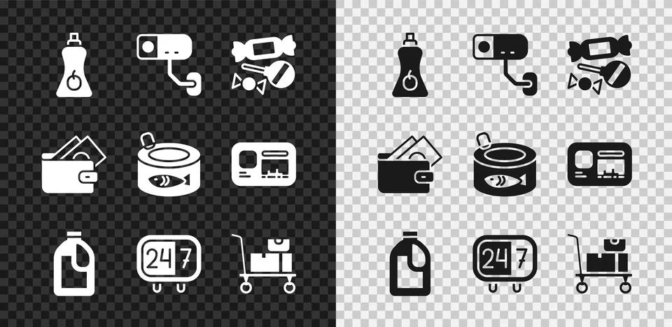 Set Sauce bottle, Security camera, Candy, Bottle for cleaning agent, Clock 24 Stock Illustration