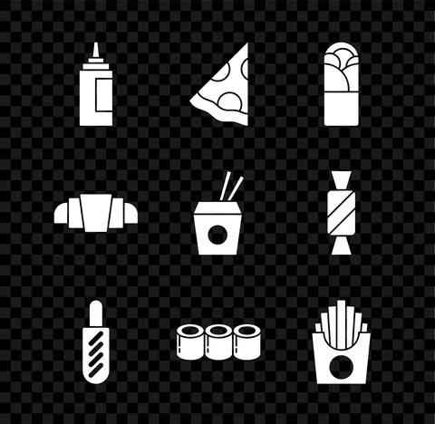 Set Sauce bottle, Slice of pizza, Doner kebab, Hotdog sandwich, Sushi, Potatoes Stock Illustration