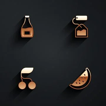 Set Sauce bottle, Tea bag, Fresh berries and Watermelon icon with long shadow Stock Illustration