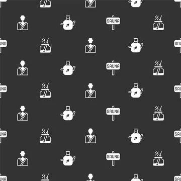 Set Sauna, Aroma diffuser, Man in the sauna and Teapot with leaf on seamless Illustrazione stock