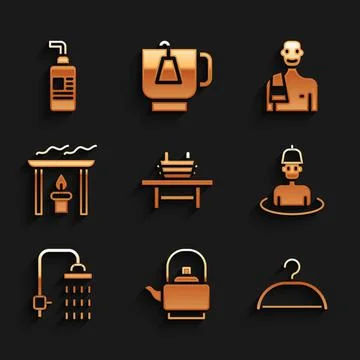 Set Sauna bench with bucket, Kettle handle, Hanger wardrobe, Man in the sauna Illustration