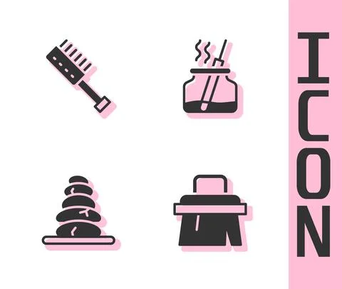 Set Sauna brush, Stack hot stones and Aroma diffuser icon. Vector Stock Illustration