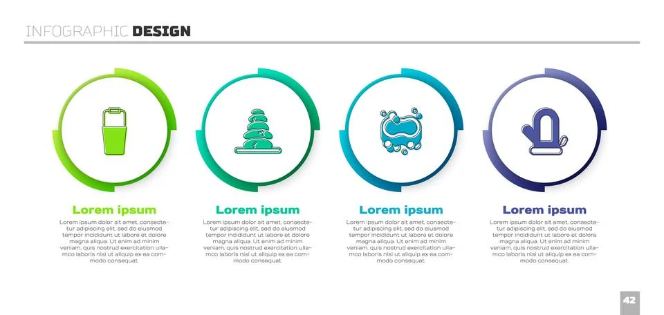 Set Sauna bucket, Stack hot stones, Bar of soap and mitten. Business infographic Stock Illustration
