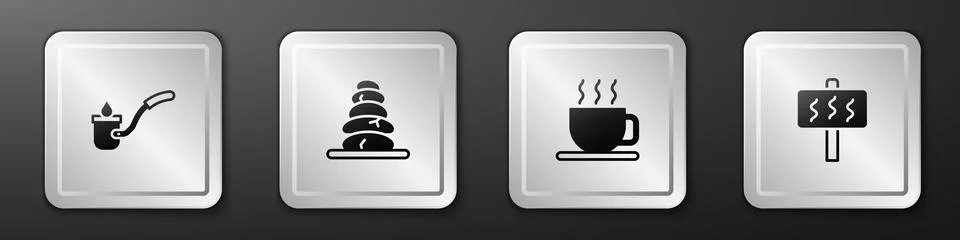 Set Sauna ladle, Stack hot stones, Cup of tea and icon. Silver square button Illustrazione stock