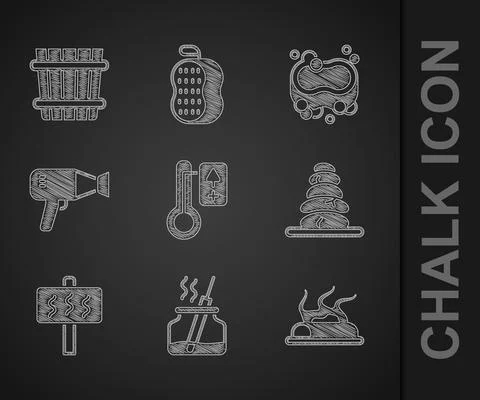 Set Sauna thermometer, Aroma diffuser, Campfire, Stack hot stones, Hair dryer Illustration