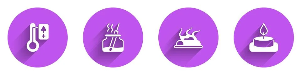Set Sauna thermometer, Aroma diffuser, Campfire and candle icon with long sha Stock Illustration