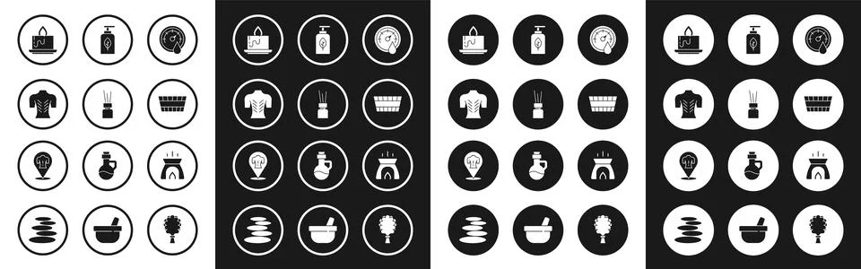 Set Sauna thermometer, Aroma diffuser, Massage, candle, bucket, Essential oil Stock Illustration