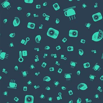 Set Sauna thermometer, Cup of tea, and Lemon on seamless pattern. Vector Illustrazione stock