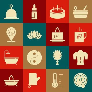 Set Sauna thermometer, Massage, Cup of tea and leaf, Swimming pool with lad.. Stock Illustration