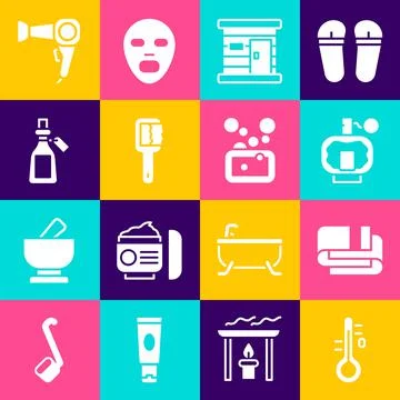 Set Sauna thermometer, Towel stack, Aftershave, wooden bathhouse, brush 库存插图