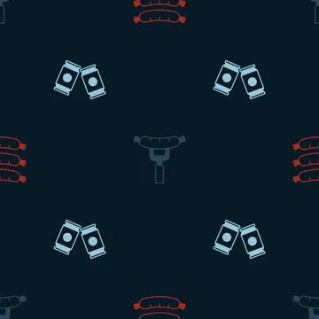 Set Sausage, on the fork and Beer can on seamless pattern. Vector Stock Illustration