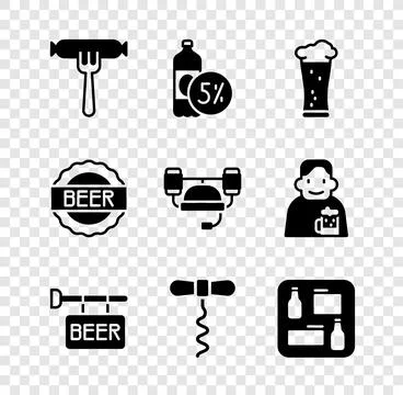 Set Sausage on the fork, Beer bottle, Glass of beer, Street signboard with,.. Stock Illustration