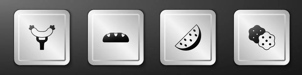 Set Sausage on the fork, Bread loaf, Watermelon and Cracker biscuit icon. S.. Stock Illustration
