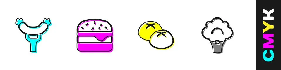 Set Sausage on the fork, Burger, Bread loaf and Broccoli icon. Vector イラスト素材