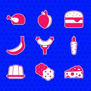 Set Sausage on the fork, Cracker biscuit, Cheese, Carrot, Jelly cake, Banana Stock Illustration