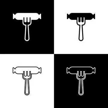 Set Sausage on the fork icon isolated on black and white background. Grilled Illustrazione stock