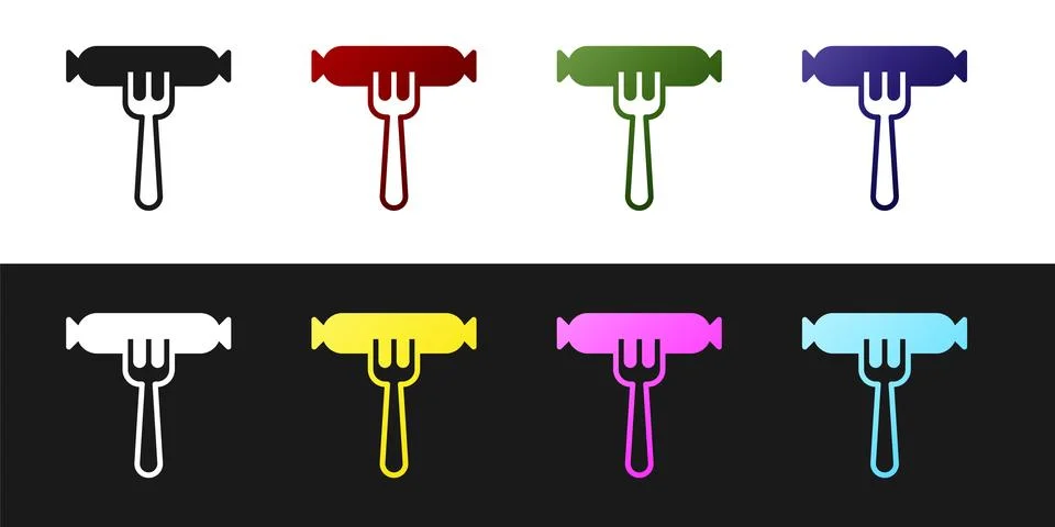Set Sausage on the fork icon isolated on black and white background. Grille.. Ilustración de archivo