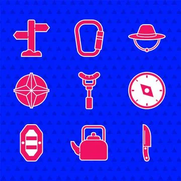 Set Sausage on the fork, Kettle with handle, Knife, Compass, Rafting boat, Wi Illustration