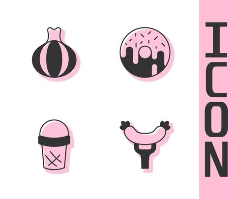 Set Sausage on the fork, Onion, Ice cream in waffle and Donut icon. Vector Illustrazione stock