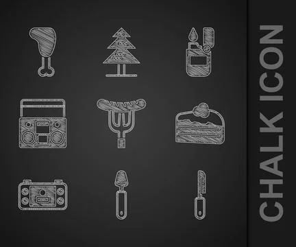 Set Sausage on the fork, Spoon, Knife, Piece of cake, Portable video game c.. Stock Illustration