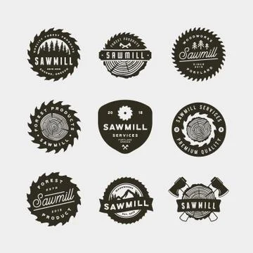 Set of sawmill logos. retro styled woodwork emblems. vector illustration Stock Illustration